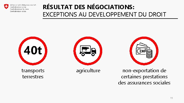 RÉSULTAT DES NÉGOCIATIONS: EXCEPTIONS AU DEVELOPPEMENT DU DROIT 40 t transports terrestres agriculture non-exportation