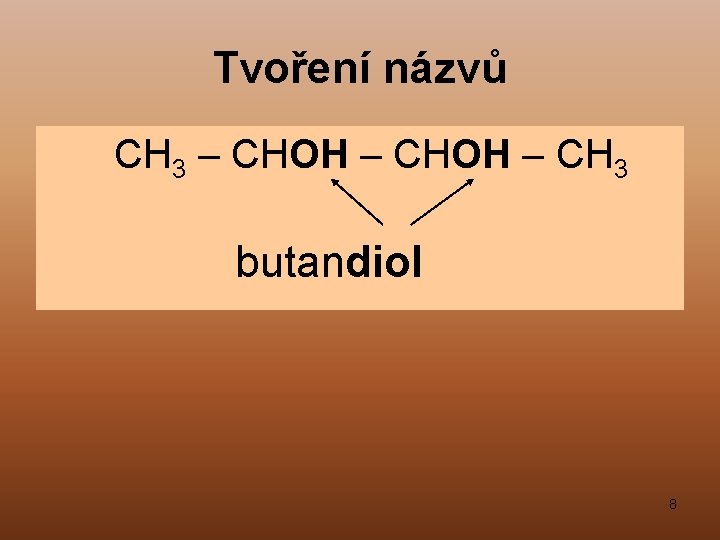 Tvoření názvů CH 3 – CHOH – CH 3 butandiol 8 