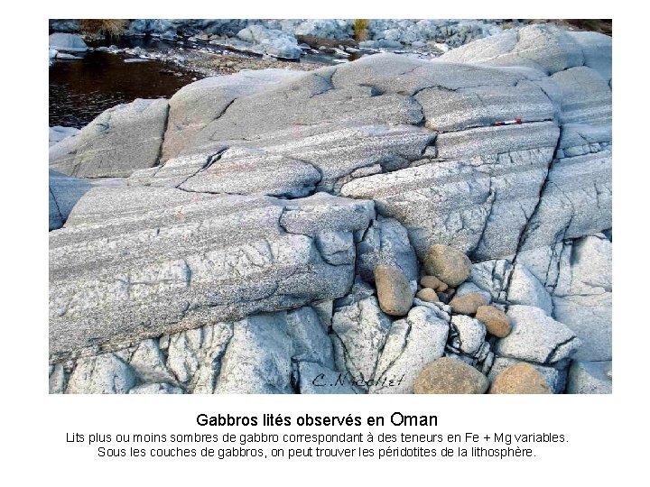 Gabbros lités observés en Oman Lits plus ou moins sombres de gabbro correspondant à Gabbros lités observés en Oman Lits plus ou moins sombres de gabbro correspondant à