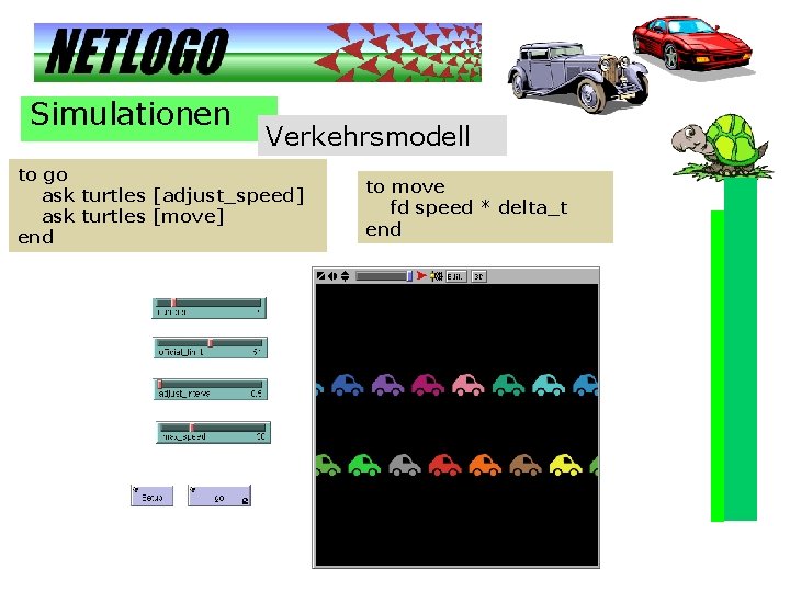 Simulationen Verkehrsmodell to go ask turtles [adjust_speed] ask turtles [move] end to move fd