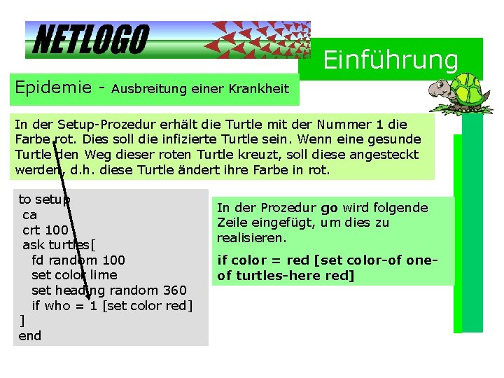 Einführung Epidemie - Ausbreitung einer Krankheit In der Setup-Prozedur erhält die Turtle mit der