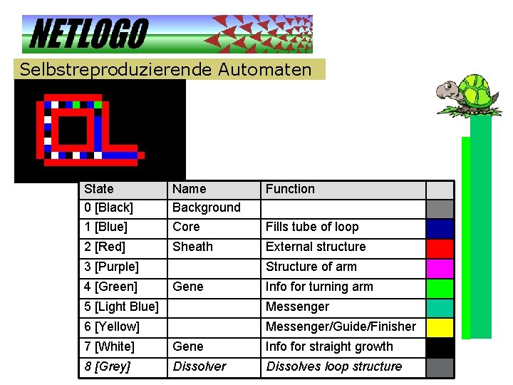 Selbstreproduzierende Automaten State 0 [Black] 1 [Blue] Name Background Core Function 2 [Red] Sheath