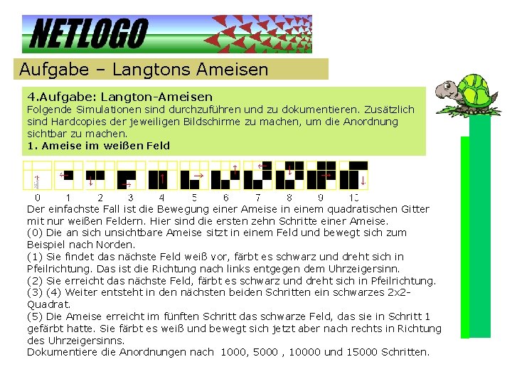 Aufgabe – Langtons Ameisen 4. Aufgabe: Langton-Ameisen Folgende Simulationen sind durchzuführen und zu dokumentieren.