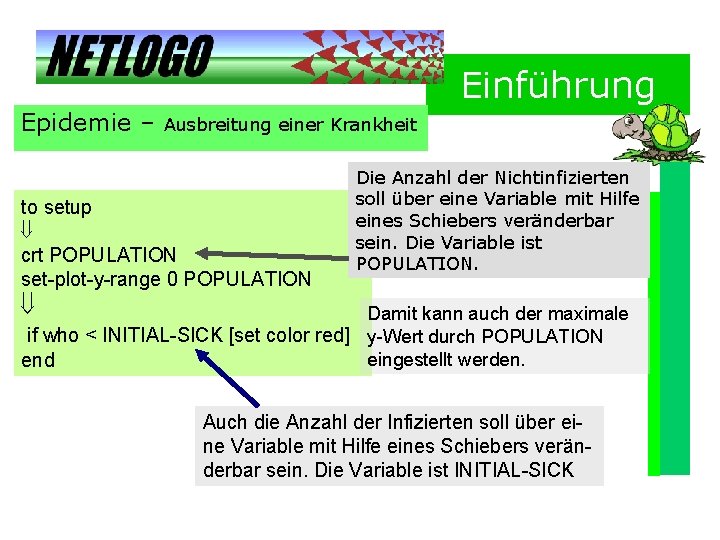 Einführung Epidemie – Ausbreitung einer Krankheit to setup crt POPULATION set-plot-y-range 0 POPULATION Die