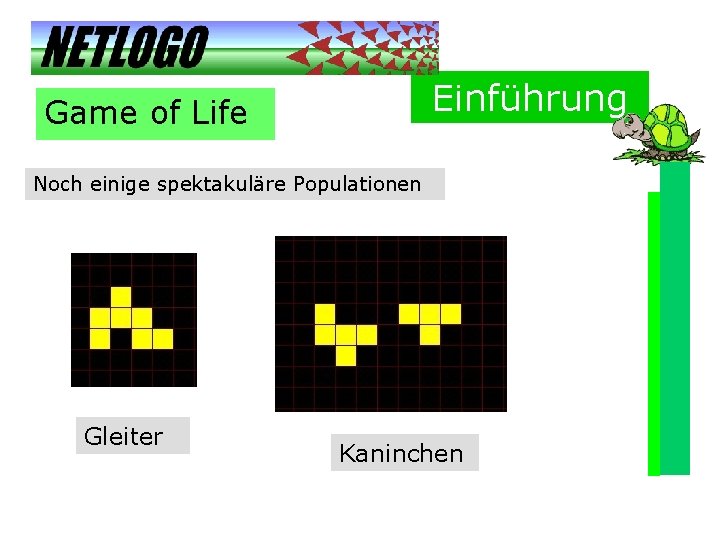 Einführung Game of Life Noch einige spektakuläre Populationen Gleiter Kaninchen 