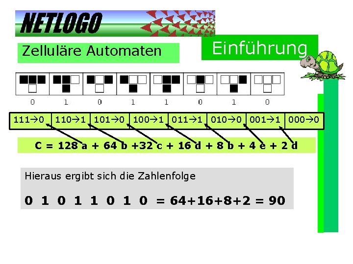 Zelluläre Automaten 111 0 Einführung 110 1 101 0 100 1 011 1 010