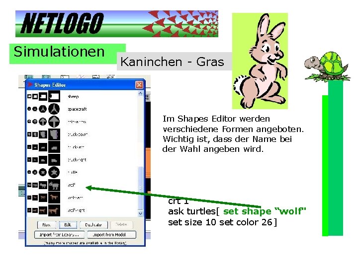 Simulationen Kaninchen - Gras Im Shapes Editor werden verschiedene Formen angeboten. Wichtig ist, dass