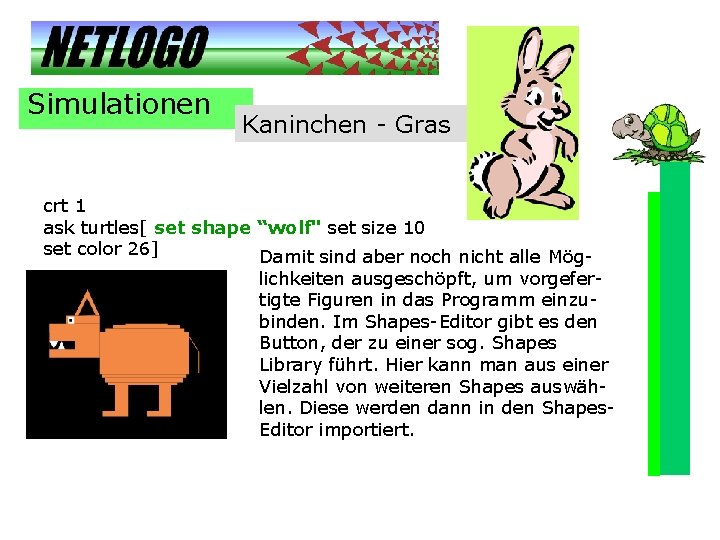 Simulationen Kaninchen - Gras crt 1 ask turtles[ set shape “wolf" set size 10