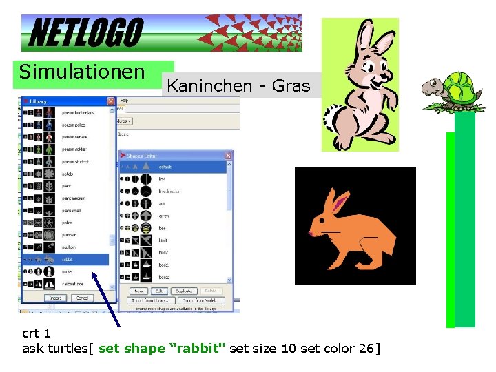Simulationen Kaninchen - Gras crt 1 ask turtles[ set shape “rabbit" set size 10