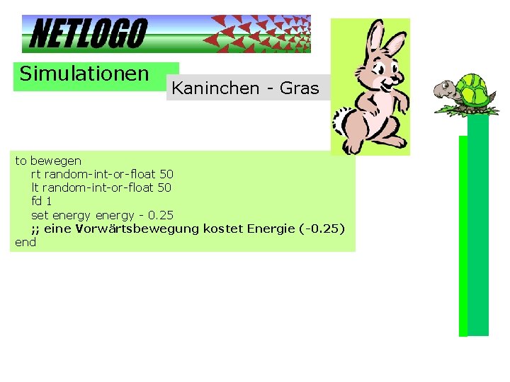 Simulationen Kaninchen - Gras to bewegen rt random-int-or-float 50 lt random-int-or-float 50 fd 1