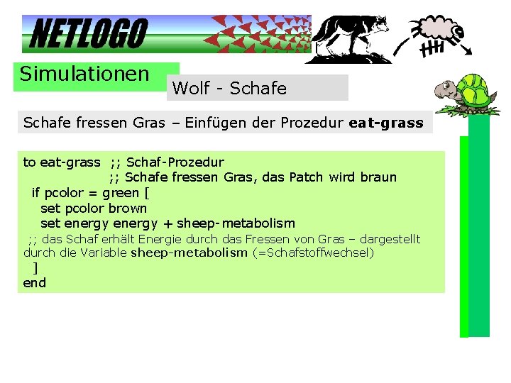 Simulationen Wolf - Schafe fressen Gras – Einfügen der Prozedur eat-grass to eat-grass ;
