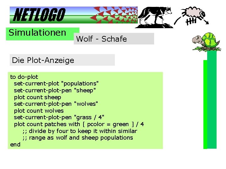 Simulationen Wolf - Schafe Die Plot-Anzeige to do-plot set-current-plot "populations" set-current-plot-pen "sheep" plot count