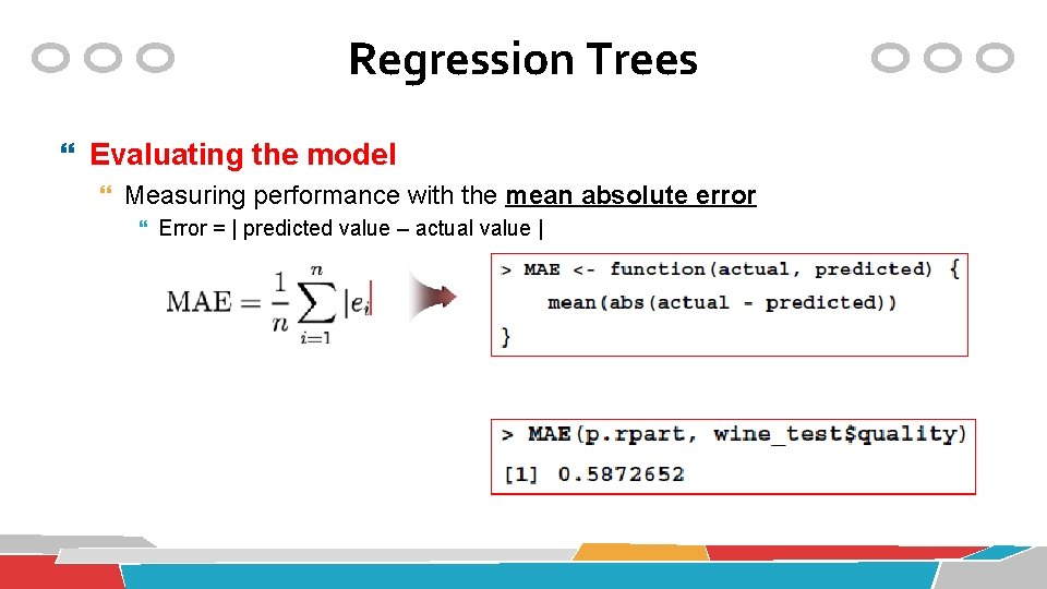 Regression Trees Evaluating the model Measuring performance with the mean absolute error Error =