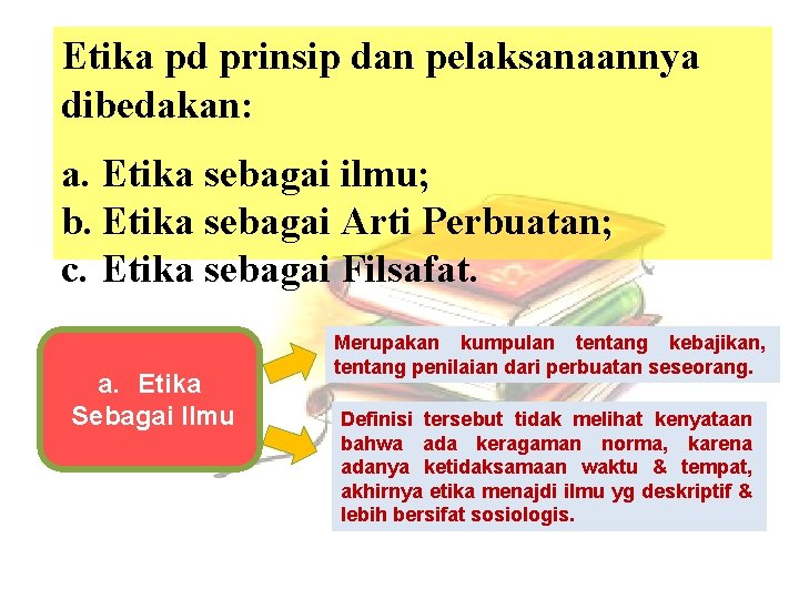 Etika pd prinsip dan pelaksanaannya dibedakan: a. Etika sebagai ilmu; b. Etika sebagai Arti