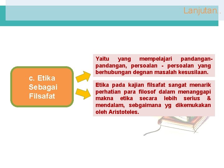 Lanjutan. . c. Etika Sebagai Filsafat Yaitu yang mempelajari pandangan, persoalan - persoalan yang