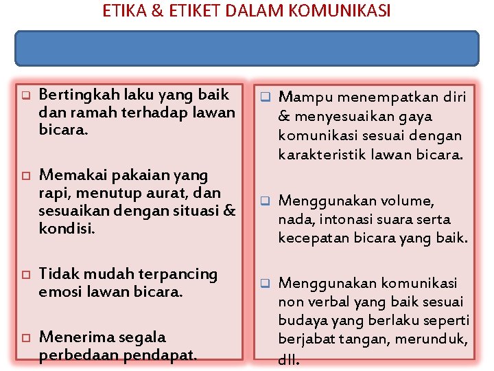 ETIKA & ETIKET DALAM KOMUNIKASI q Bertingkah laku yang baik dan ramah terhadap lawan