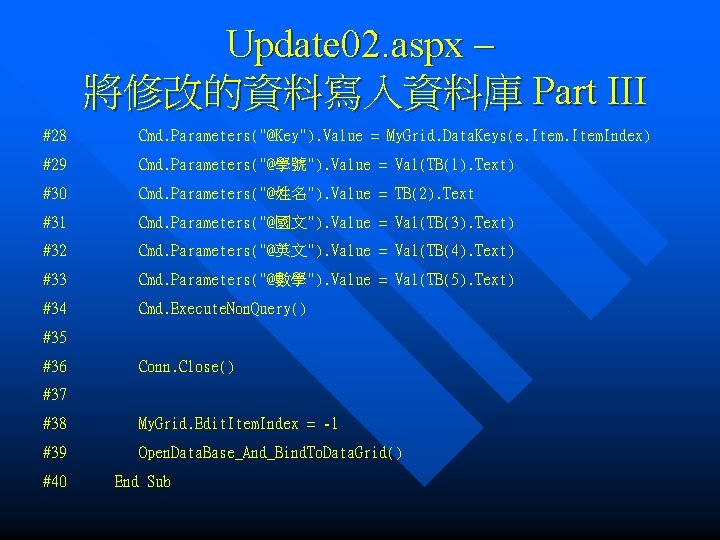 Update 02. aspx – 將修改的資料寫入資料庫 Part III #28 Cmd. Parameters("@Key"). Value = My. Grid.