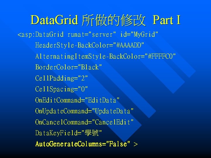 Data. Grid 所做的修改 Part I <asp: Data. Grid runat="server" id="My. Grid" Header. Style-Back. Color="#AAAADD"
