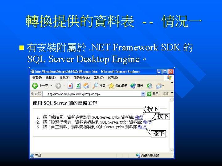 轉換提供的資料表 -- 情況一 n 有安裝附屬於. NET Framework SDK 的 SQL Server Desktop Engine。 