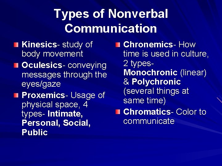 Types of Nonverbal Communication Kinesics- study of body movement Oculesics- conveying messages through the