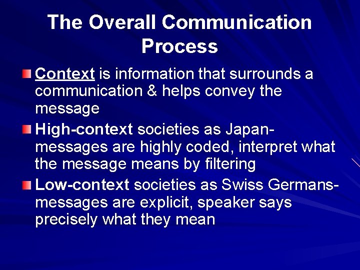 The Overall Communication Process Context is information that surrounds a communication & helps convey