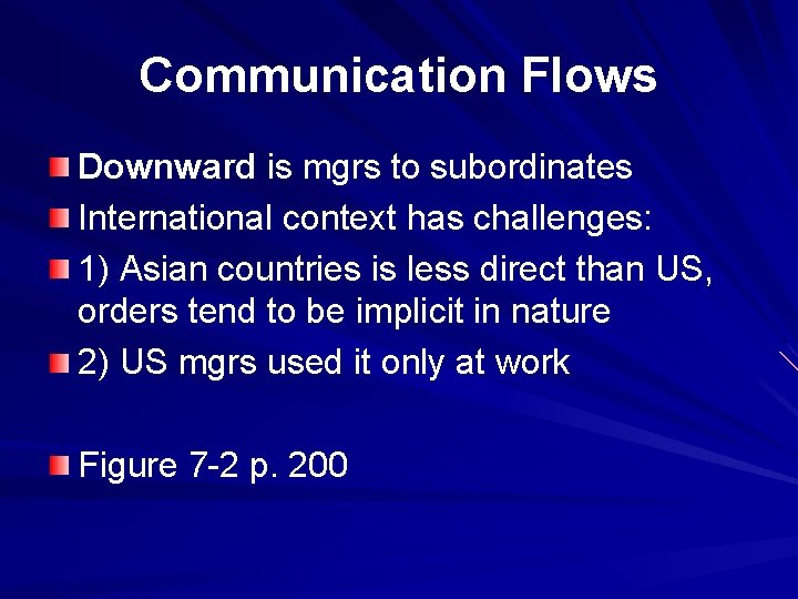 Communication Flows Downward is mgrs to subordinates International context has challenges: 1) Asian countries