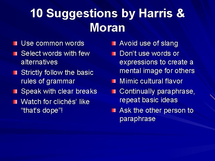 10 Suggestions by Harris & Moran Use common words Select words with few alternatives