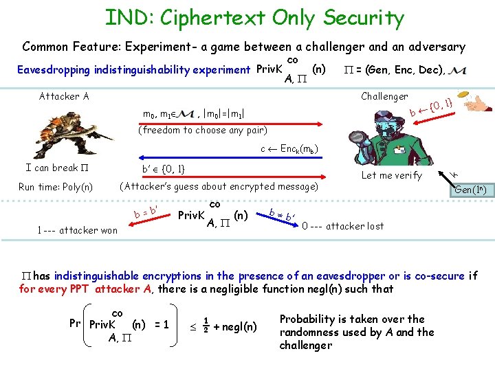 IND: Ciphertext Only Security Common Feature: Experiment- a game between a challenger and an