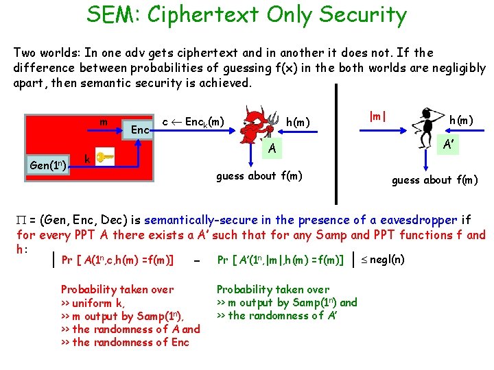 SEM: Ciphertext Only Security Two worlds: In one adv gets ciphertext and in another