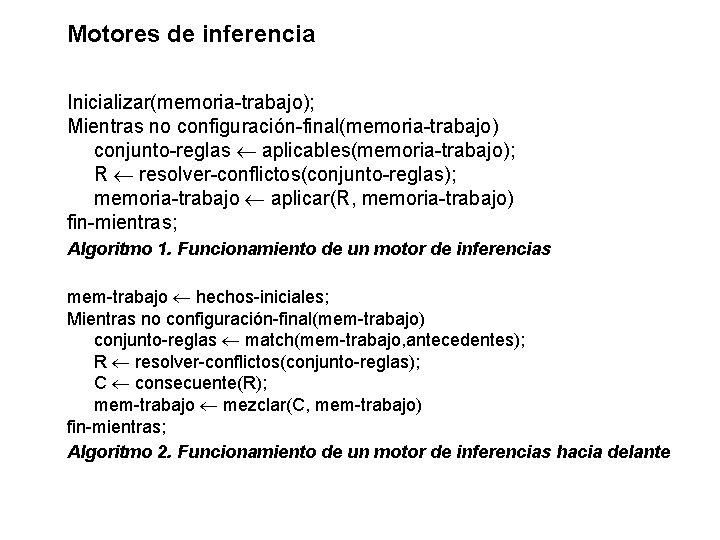 Motores de inferencia Inicializar(memoria-trabajo); Mientras no configuración-final(memoria-trabajo) conjunto-reglas aplicables(memoria-trabajo); R resolver-conflictos(conjunto-reglas); memoria-trabajo aplicar(R, memoria-trabajo)