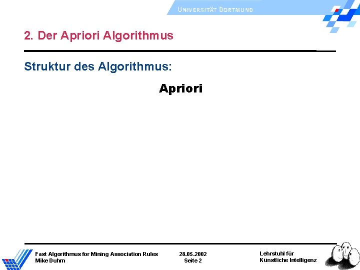2. Der Apriori Algorithmus Struktur des Algorithmus: Apriori Fast Algorithmus for Mining Association Rules 2. Der Apriori Algorithmus Struktur des Algorithmus: Apriori Fast Algorithmus for Mining Association Rules