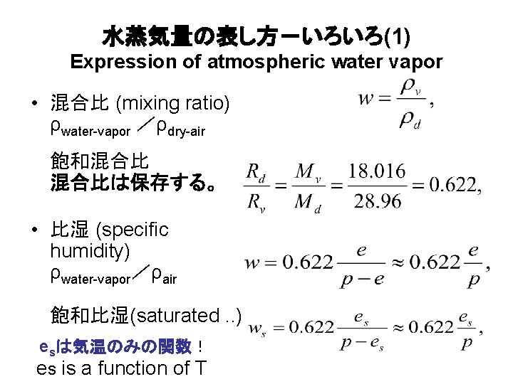 水蒸気量の表し方－いろいろ(1) Expression of atmospheric water vapor • 混合比 (mixing ratio) ρwater-vapor ／ρdry-air 飽和混合比 混合比は保存する。