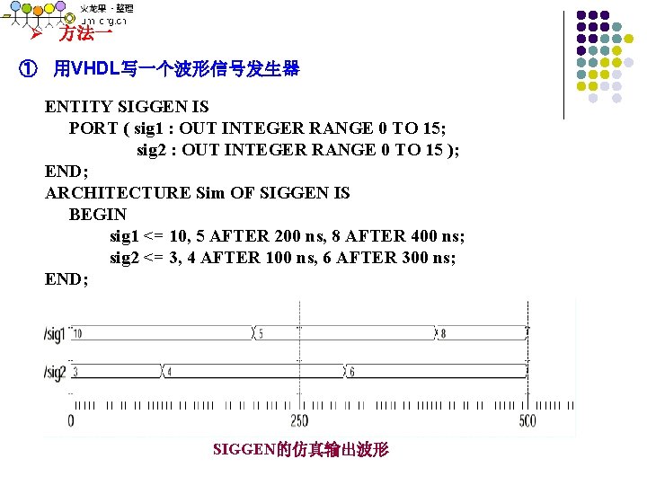 Ø 方法一 ① 用VHDL写一个波形信号发生器 ENTITY SIGGEN IS PORT ( sig 1 : OUT INTEGER