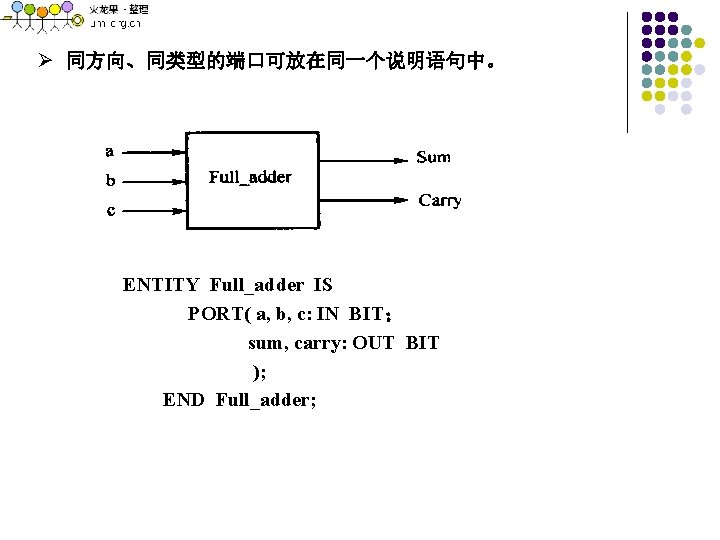 Ø 同方向、同类型的端口可放在同一个说明语句中。 ENTITY Full_adder IS PORT( a, b, c: IN BIT； sum, carry: OUT