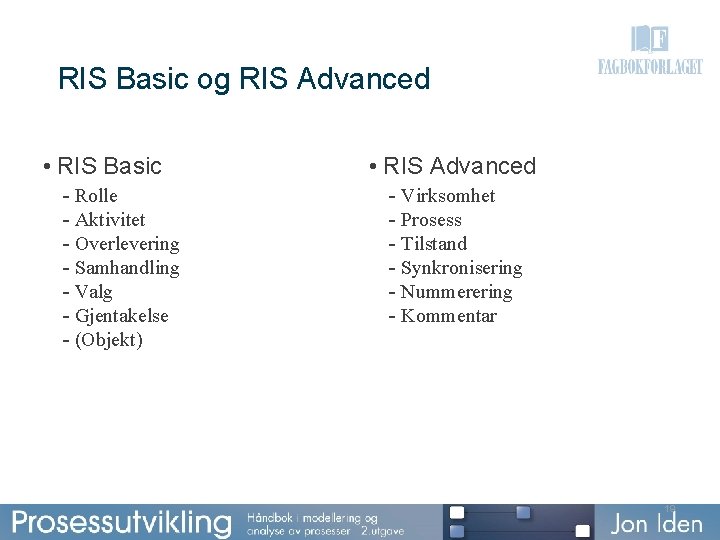 RIS Basic og RIS Advanced • RIS Basic - Rolle - Aktivitet - Overlevering