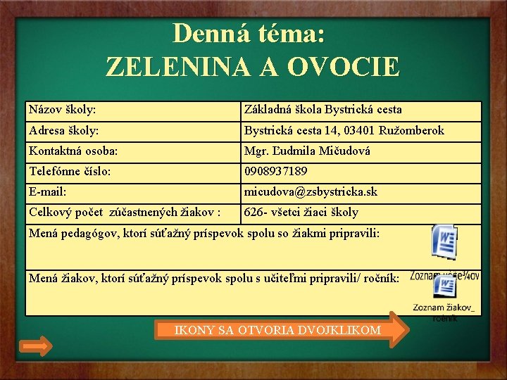 Denná téma: ZELENINA A OVOCIE Názov školy: Základná škola Bystrická cesta Adresa školy: Bystrická