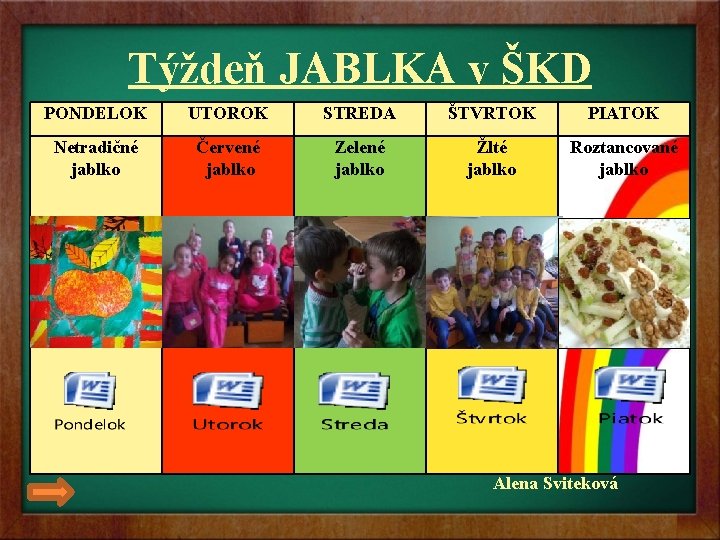 Týždeň JABLKA v ŠKD PONDELOK UTOROK STREDA ŠTVRTOK PIATOK Netradičné jablko Červené jablko Zelené