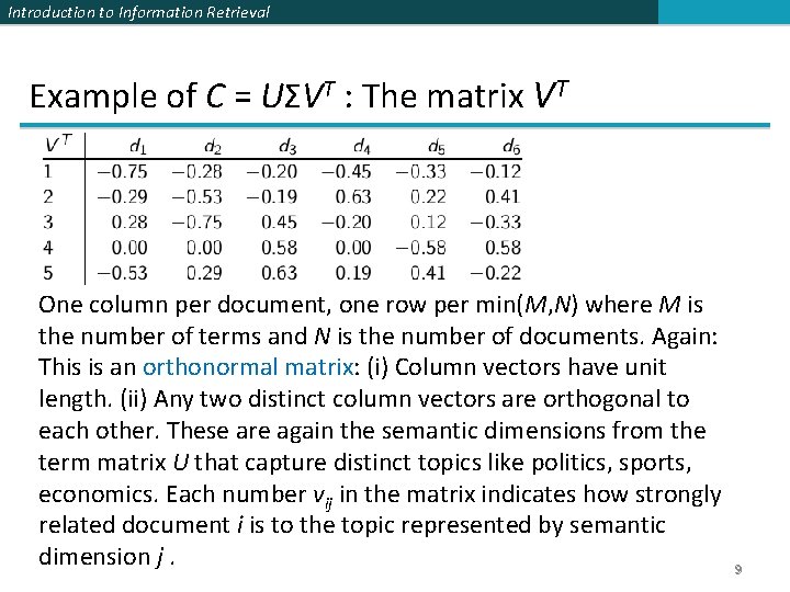 Introduction to Information Retrieval Example of C = UΣVT : The matrix VT One