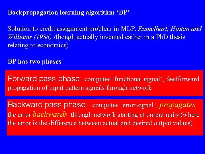 Backpropagation learning algorithm ‘BP’ Solution to credit assignment problem in MLP. Rumelhart, Hinton and