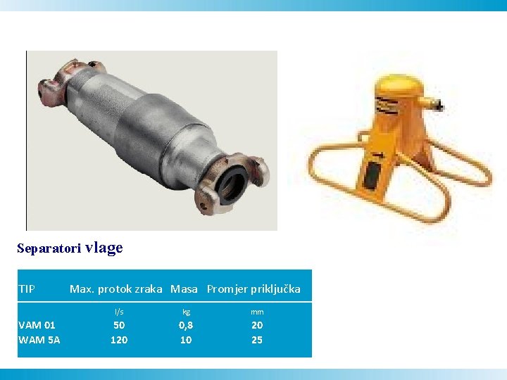Separatori vlage TIP Max. protok zraka Masa Promjer priključka VAM 01 WAM 5 A Separatori vlage TIP Max. protok zraka Masa Promjer priključka VAM 01 WAM 5 A