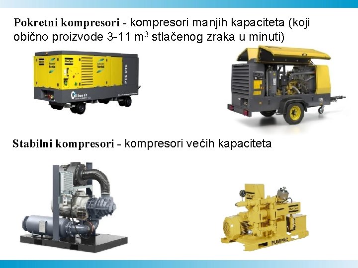 Pokretni kompresori - kompresori manjih kapaciteta (koji obično proizvode 3 -11 m 3 stlačenog Pokretni kompresori - kompresori manjih kapaciteta (koji obično proizvode 3 -11 m 3 stlačenog
