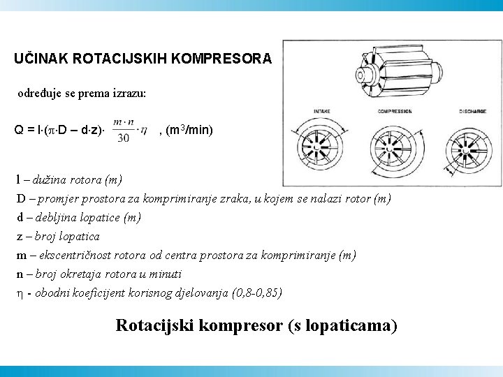 UČINAK ROTACIJSKIH KOMPRESORA određuje se prema izrazu: Q = l ( D – d UČINAK ROTACIJSKIH KOMPRESORA određuje se prema izrazu: Q = l ( D – d