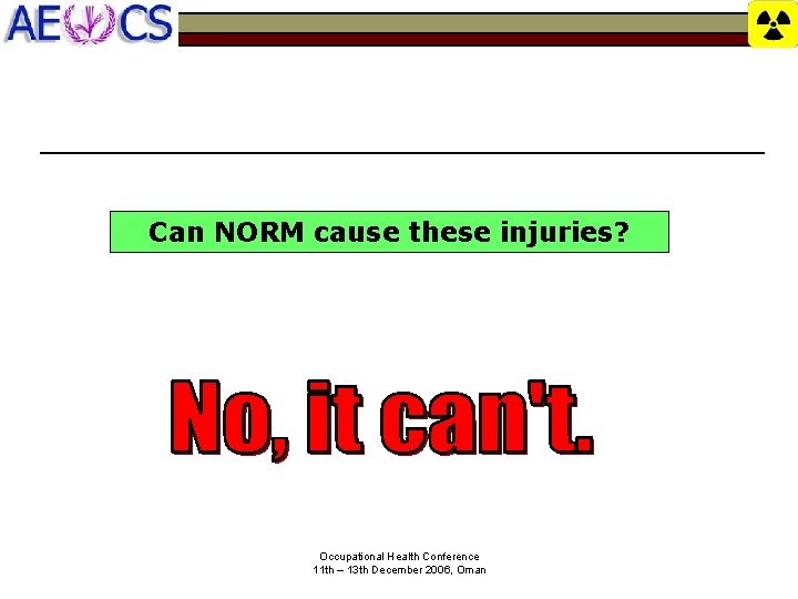 Can NORM cause these injuries? Occupational Health Conference 11 th – 13 th December