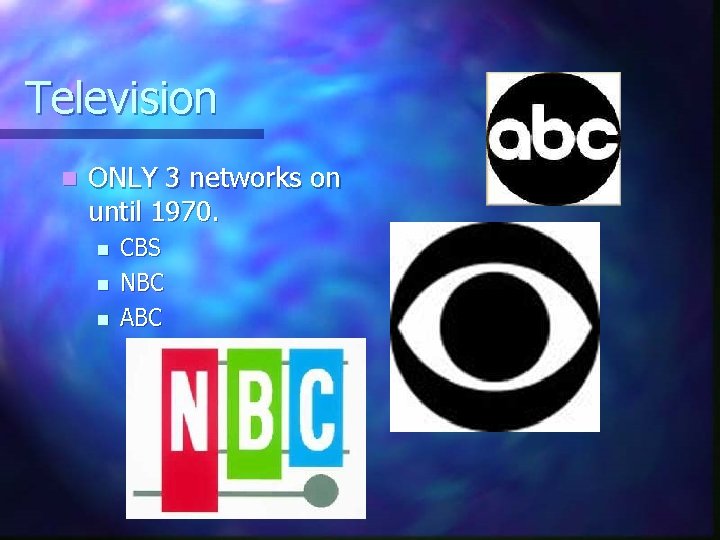 Television n ONLY 3 networks on until 1970. n n n CBS NBC ABC