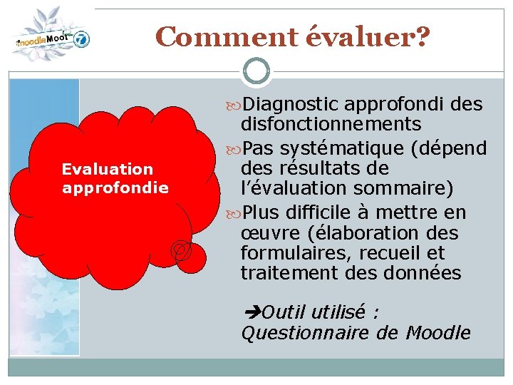 Comment évaluer? Diagnostic approfondi des Evaluation approfondie disfonctionnements Pas systématique (dépend des résultats de