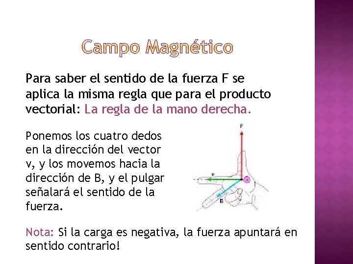 Para saber el sentido de la fuerza F se aplica la misma regla que