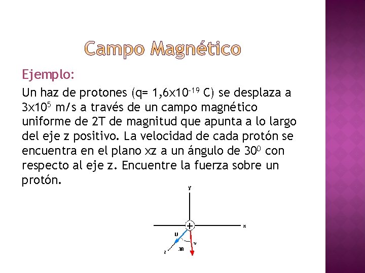 Ejemplo: Un haz de protones (q= 1, 6 x 10 -19 C) se desplaza