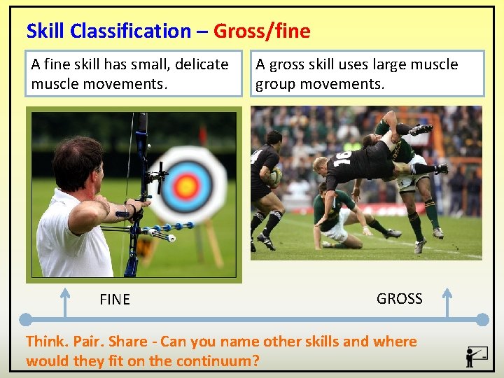 Skill Classification – Gross/fine A fine skill has small, delicate muscle movements. FINE A