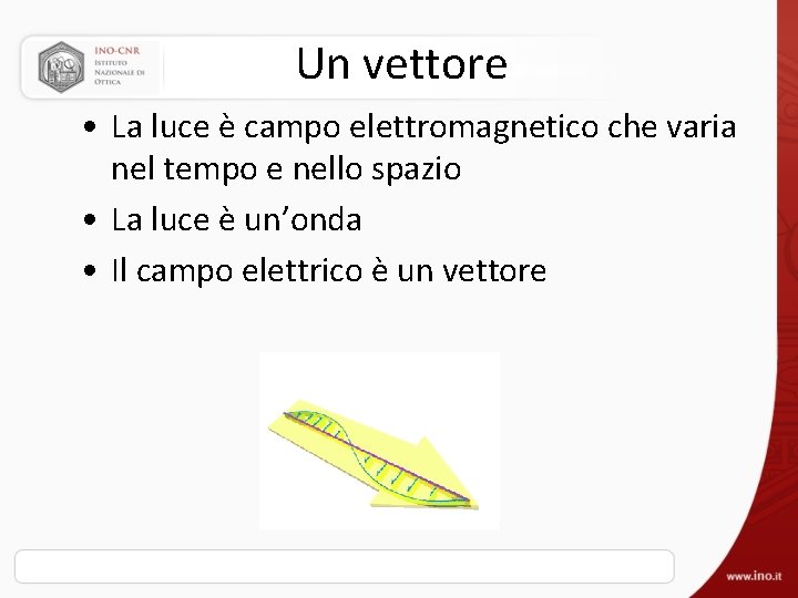 Un vettore • La luce è campo elettromagnetico che varia nel tempo e nello