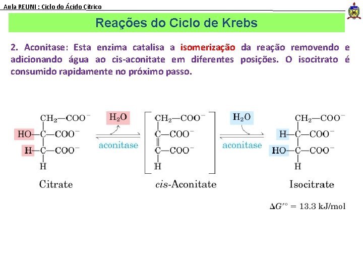 Aula REUNI : Ciclo do Ácido Cítrico Reações do Ciclo de Krebs 2. Aconitase: